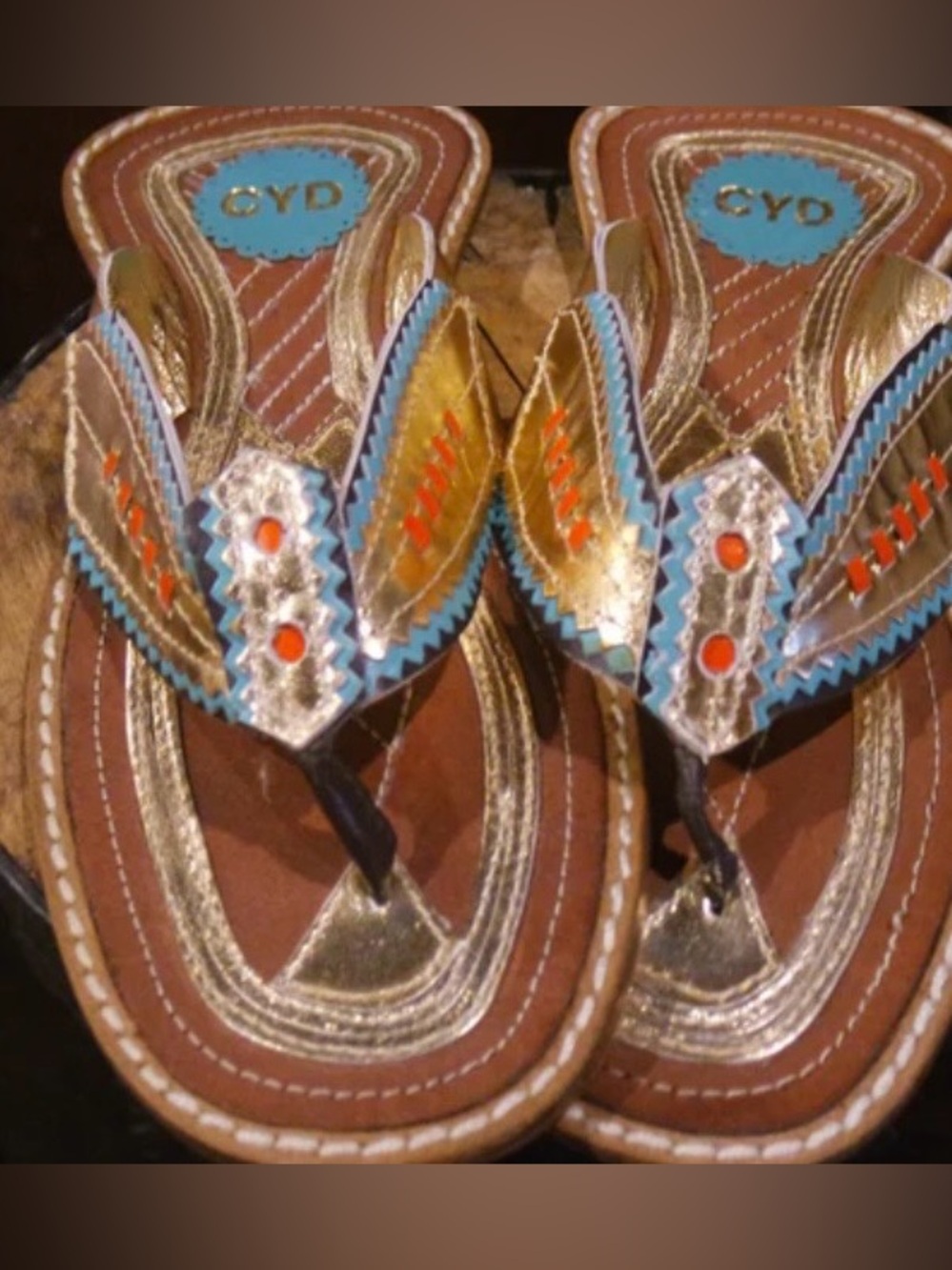 Metallic Gold, Turquoise, and orange Leather Thong Sandal handmade!